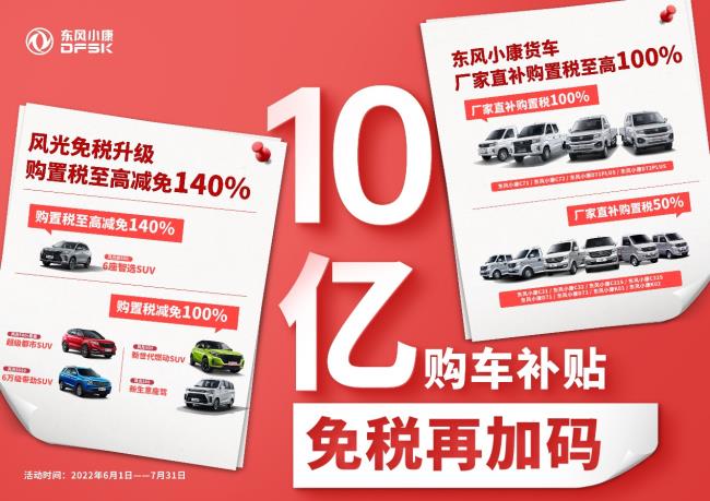 东风小康公司推出10亿购车补贴至高减免140%购置税